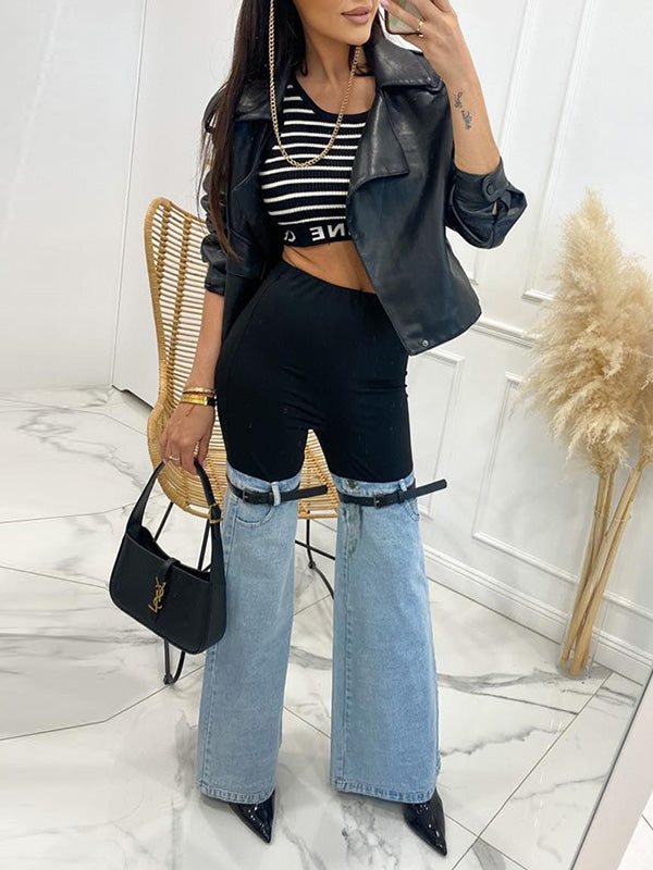 Belted Split-Joint High Waisted Flared Trousers