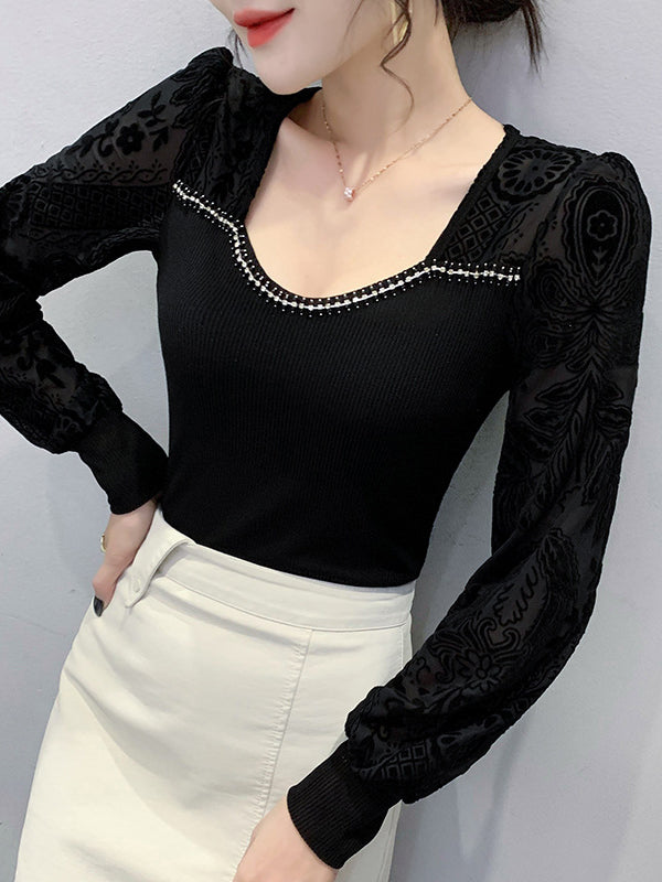 Rhine Stones Split-Joint Velvet Long Sleeves Skinny Square-Neck T-Shirts Tops
