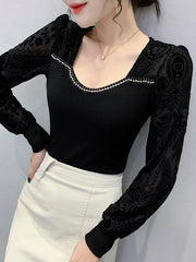 Rhine Stones Split-Joint Velvet Long Sleeves Skinny Square-Neck T-Shirts Tops