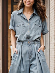 Buttoned Pockets Short Sleeves Lapel Shirts Top + High Waisted Pants Bottom Two Pieces Set