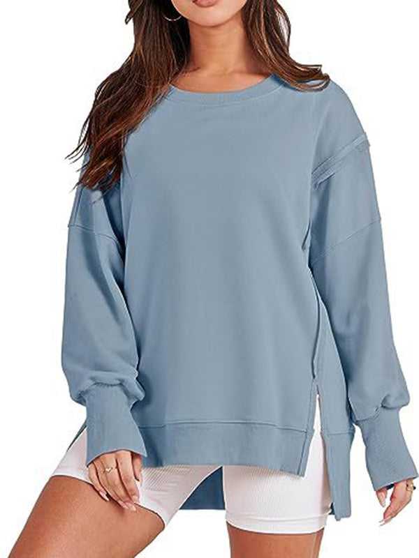Fringed Solid Color Split-Joint Split-Side High-Low Long Sleeves Round-Neck Sweatershirt