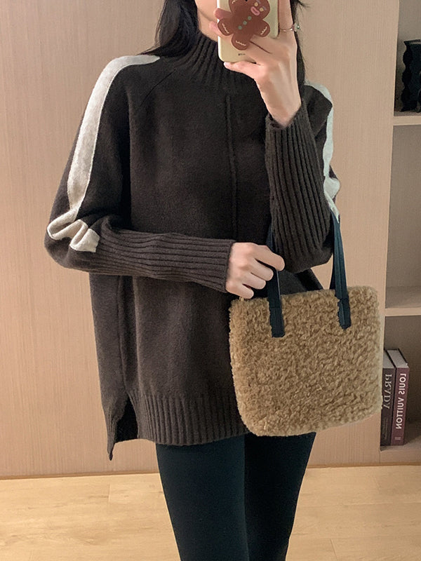 Contrast Color Split-Joint Split-Side High-Low Long Sleeves High Neck Sweater Tops Pullovers