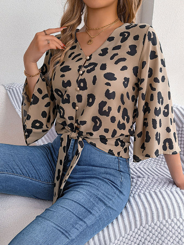 Buttoned Leopard Tied Flared Sleeves Half Sleeves V-Neck Blouses&Shirts Tops