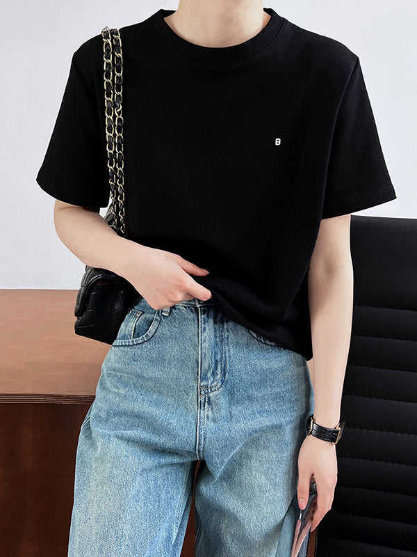 Embroidered Loose Short Sleeves Round-Neck T-Shirts Tops