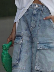 Buttoned Pockets Solid Color Zipper Loose Shorts Bottoms Denim Shorts