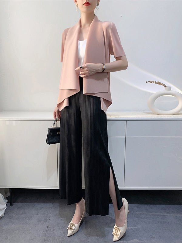 Pleated Solid Color Loose Short Sleeves Collarless Outerwear