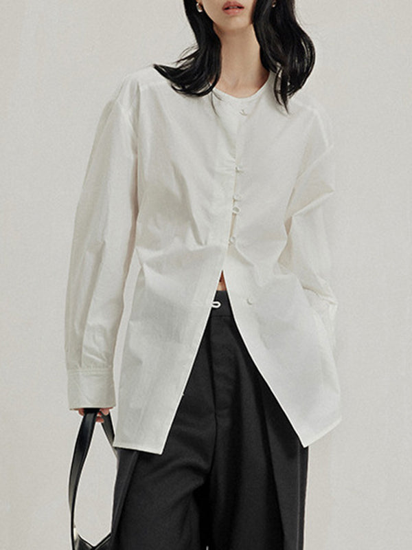 Buttoned Solid Color Tied Long Sleeves Loose Round-Neck Blouses&Shirts Tops