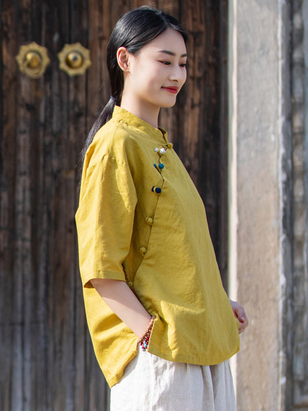 Artistic Retro Loose Half Sleeves Buttoned Contrast Color Stand Collar Blouses&Shirts Tops