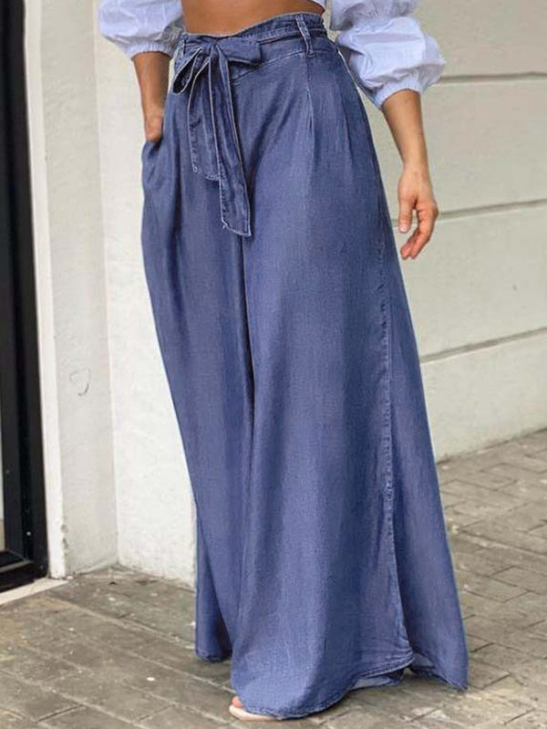 Pockets Solid Color Tied Waist Loose Wide Leg Jean Pants Bottoms