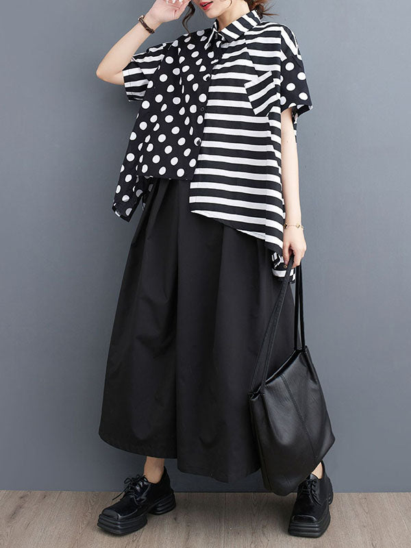 Buttoned Contrast Color Pockets Polka-Dot Split-Back Split-Joint Striped Loose Short Sleeves Lapel Blouses&Shirts Tops