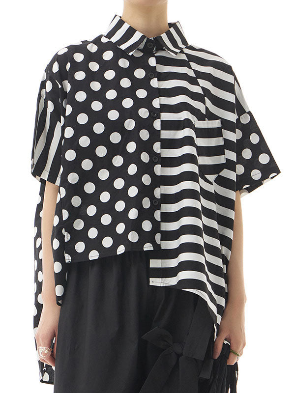 Polka-Dot Split-Joint Striped Irregular clipping Loose Lapel Shirts Tops