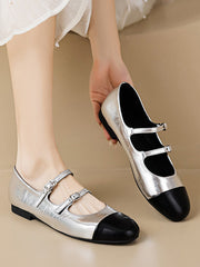 Belt Buckle Round-Toe Split-Joint Mary Janes Flat Shoes