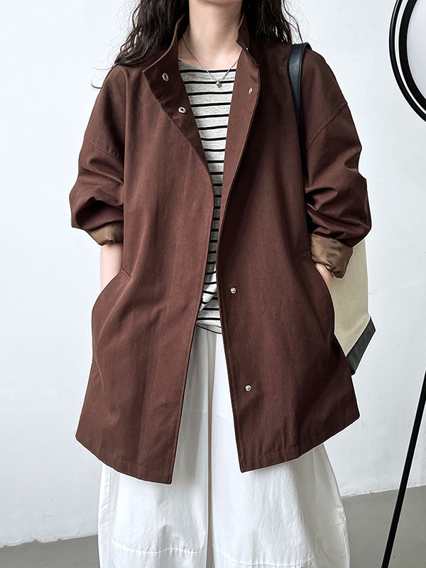 Pockets Solid Color Long Sleeves Loose Stand Collar Trench Coats Outerwear