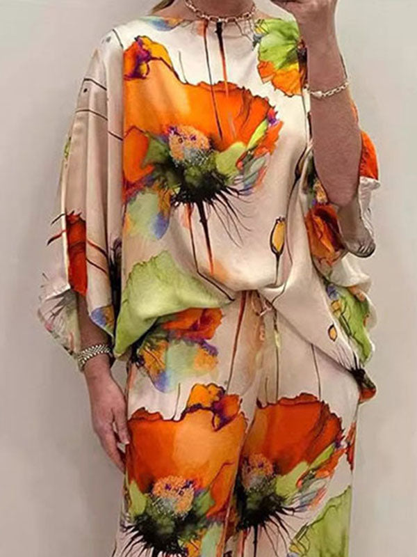 Printed Split-Joint Batwing Sleeves Loose Round-neck Blouses&shirts Tops