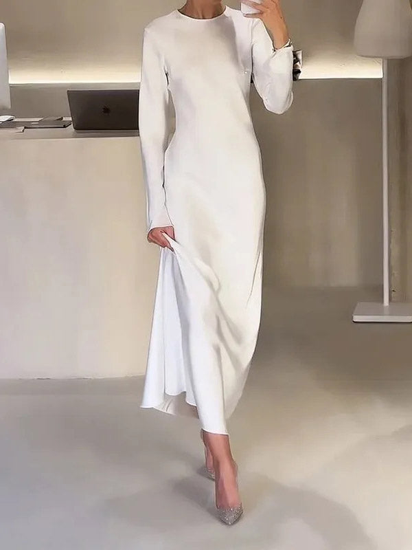 Solid Color A-Line High Waisted Round-Neck Maxi Dresses