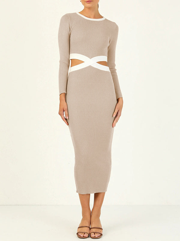 Hollow High Waisted Long Sleeves Round-Neck Midi Dresses
