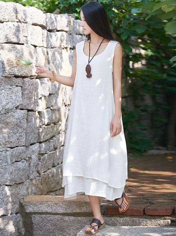 White&Beige&Blue Ramie Cotton Sleeveless Long Dress