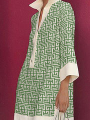 Long Sleeves Three-Quarter Sleeves Buttoned Printed Lapel Mini Dresses