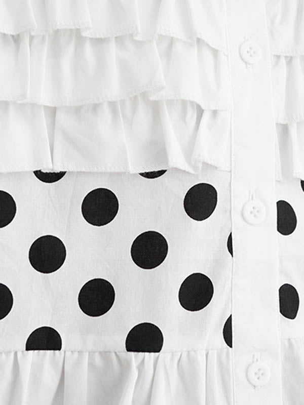 Contrast Color Pleated Polka-Dot Split-Joint Loose Short Sleeves Lapel Blouses