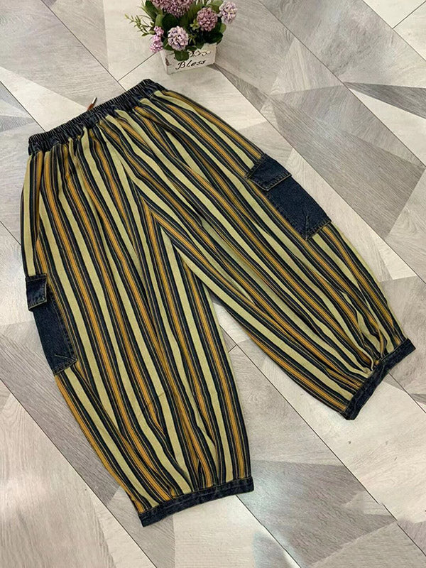Contrast Color Drawstring Pleated Pockets Striped Loose Ninth Pants Knickerbockers Jean Pants Bottoms