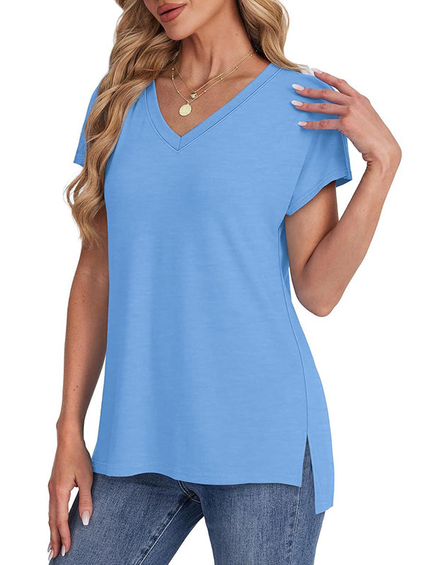 Solid Color Split-Joint Split-Side High-Low Raglan Sleeve V-Neck T-Shirts