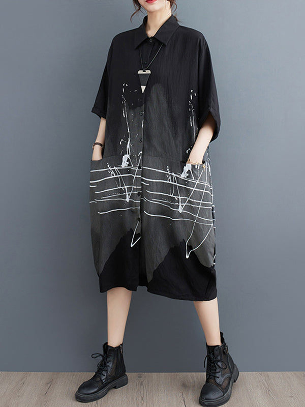 Pockets Printed Half Sleeves Loose Lapel Midi Dresses