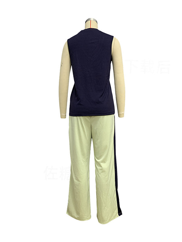 Loose Contrast Color Long Sleeves Outer Wear + V-Neck Inner Vest + Pants Bottom Three Pieces Set