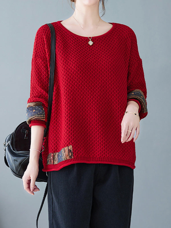 Printed Split-Joint Long Sleeves Loose Round-Neck Sweater Tops Pullovers