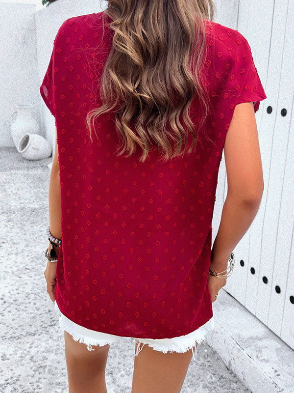 Jacquard Pleated Split-Joint Batwing Sleeves Loose V-Neck Blouses