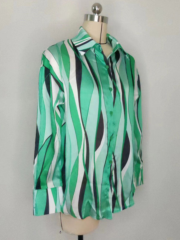 Contrast Color Striped Long Sleeves Loose Lapel Blouses