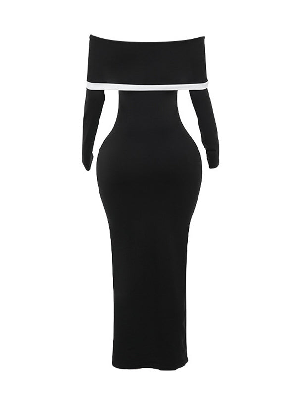 Contrast Color Split-Joint Bodycon Long Sleeves Off-The-Shoulder Maxi Dresses Evening Dresses