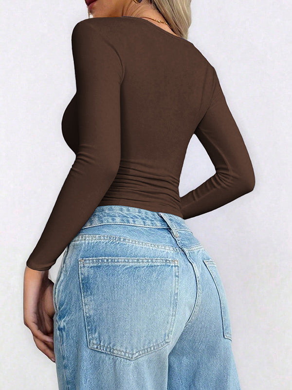 Solid Color Long Sleeves Skinny U-neck T-Shirts Tops
