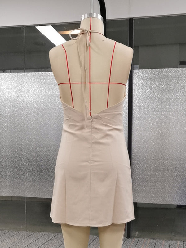 Backless Solid Color Tied A-Line High Waisted Halter-Neck Mini Dresses
