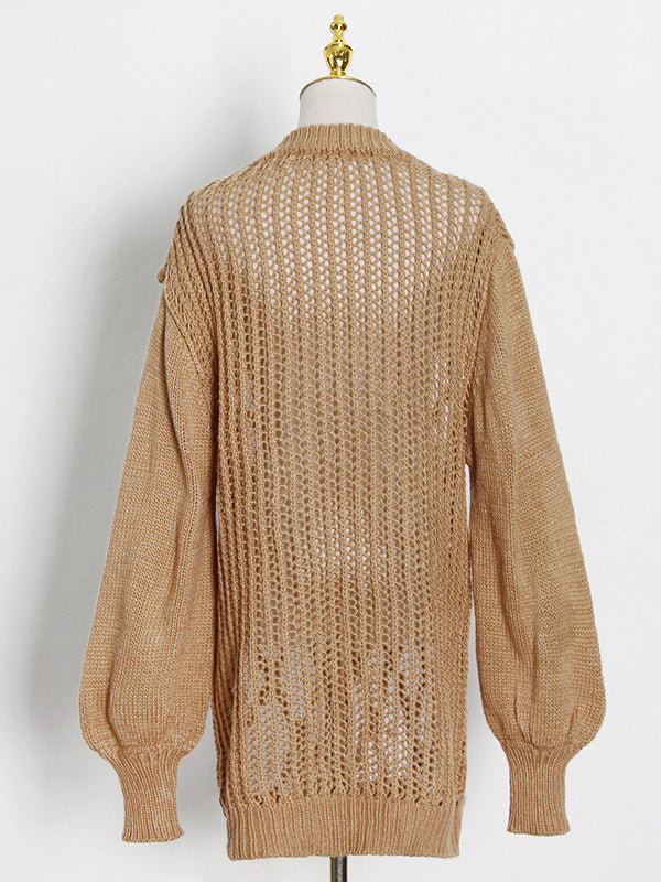 Original Long Sleeves Loose Hollow Solid Color V-Neck Sweater Tops
