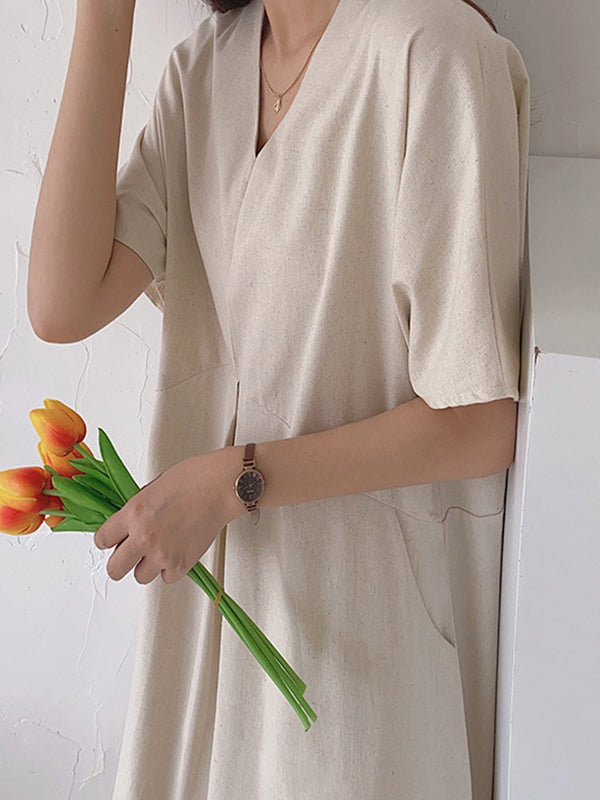 Loose Solid Color V-Neck Pleated With Pockets Midi Dresses