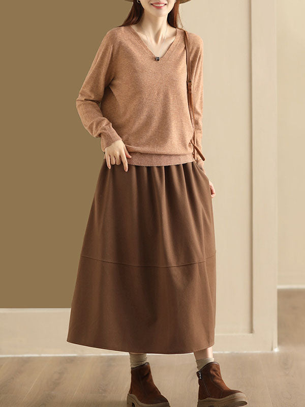 Elasticity Pockets Solid Color A-Line Loose Skirts Bottoms