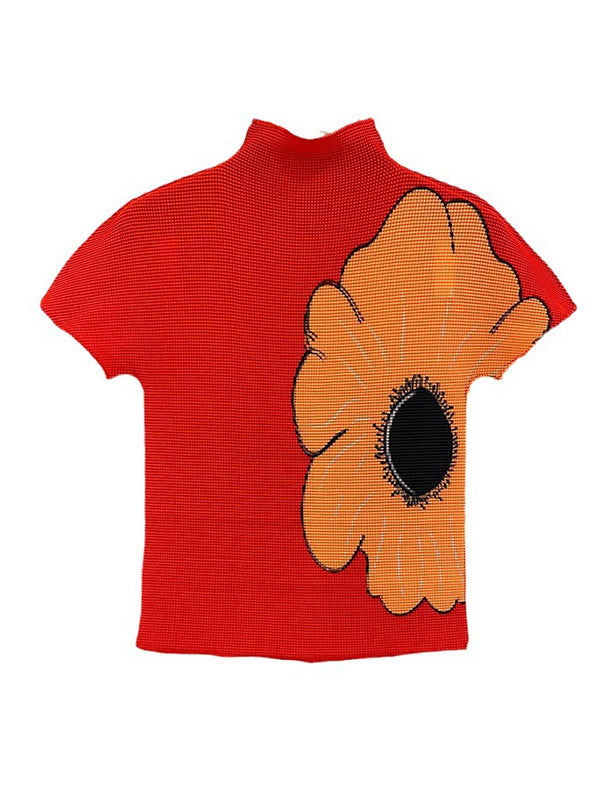 Flower Print Pleated Short Sleeves Mock Neck T-Shirts Tops