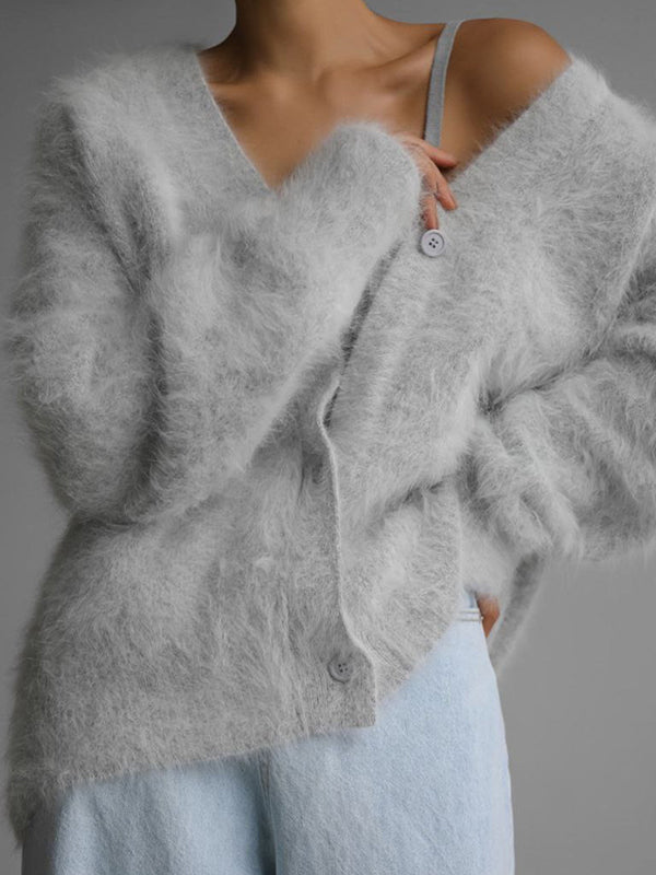 Buttoned Solid Color Long Sleeves Loose V-Neck Cardigan Tops