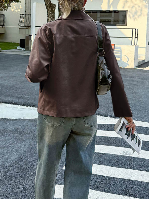 Pockets Solid Color Zipper Long Sleeves Lapel Overcoat Jackets