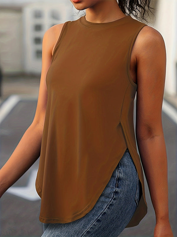 Solid Color Split-Side Loose Sleeveless Round-Neck Vest Top Cover-Ups Tops