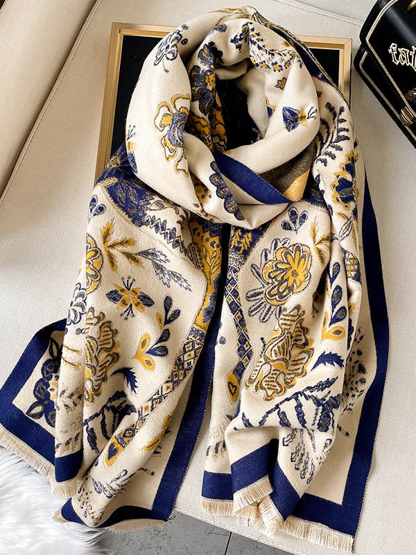 Vintage Knitting Tasseled Jacquard Imitated Cashmere Scarf Shawl