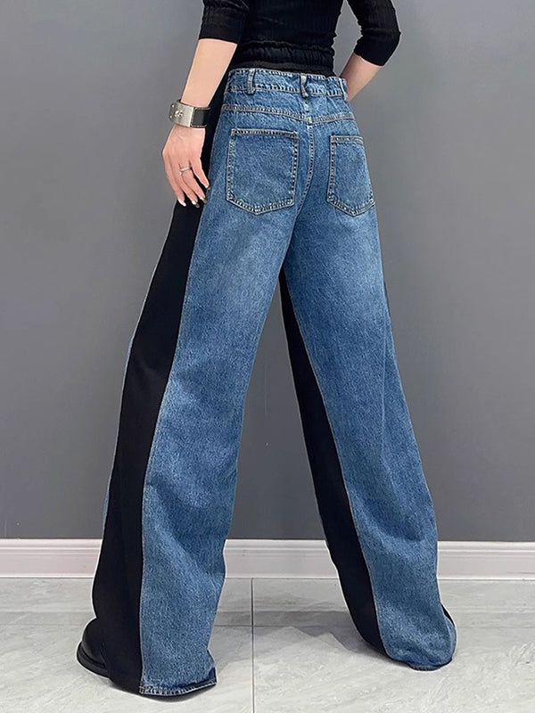 Buttoned Contrast Color Drawstring Elasticity Split-Joint Loose Straight Leg Trousers Pants