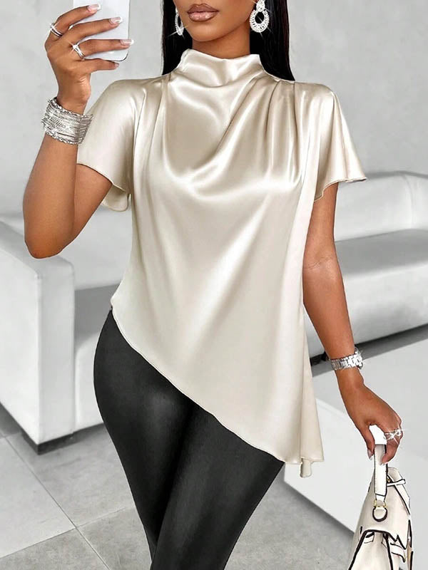 Asymmetric Solid Color Loose Short Sleeves Mock Neck Blouses&Shirts Tops