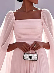 Cape Gauze Pleated Split-Joint Square-Neck Evening Dresses Maxi Dresses