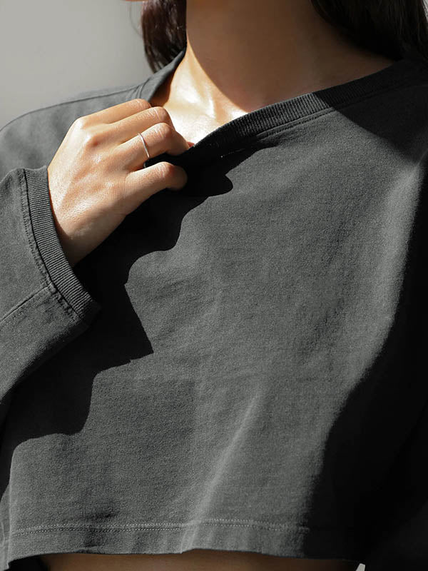 Solid Color Split-Joint Long Sleeves Loose Round-Neck Sweatshirt Tops