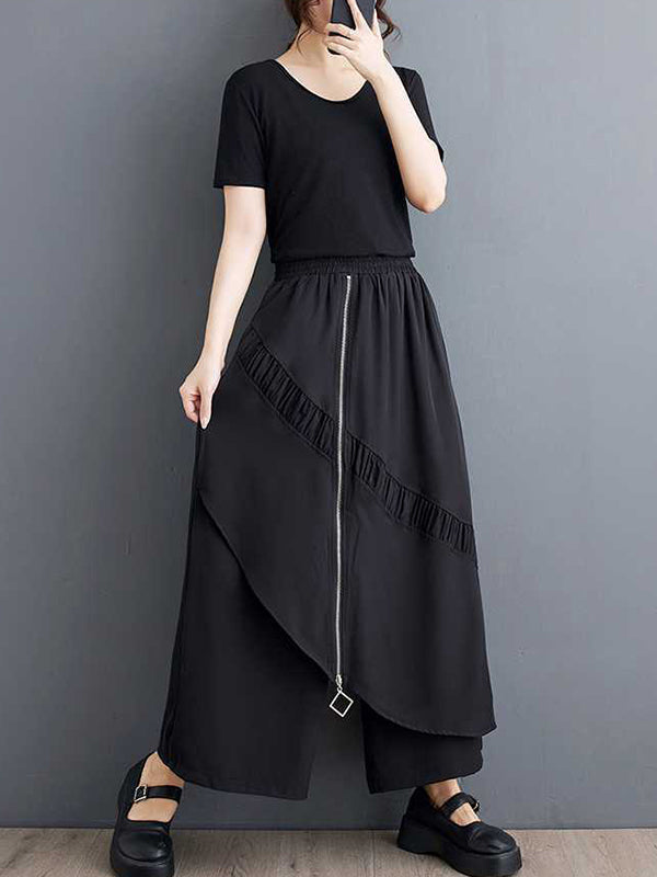 Elasticity Pleated Pockets Split-Joint Zipper High Waisted Loose Pants Culotte