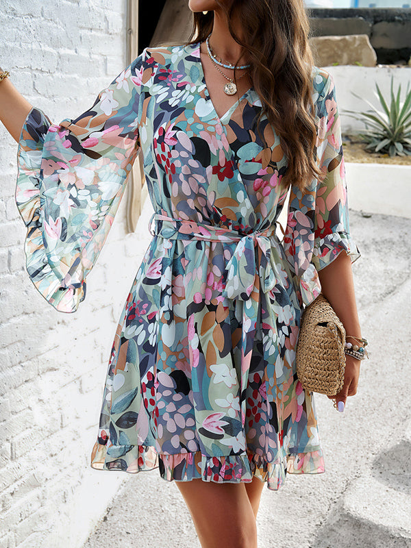 Flower Print Ruffle Trim Split-Joint Tied Waist Flared Sleeves Half Sleeves V-neck Mini Dresses