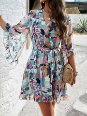 Flower Print Ruffle Trim Split-Joint Tied Waist Flared Sleeves Half Sleeves V-neck Mini Dresses