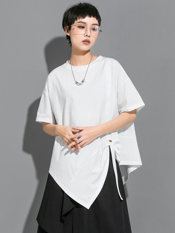 Urban Solid Color Asymmetric Round-Neck T-Shirt Top
