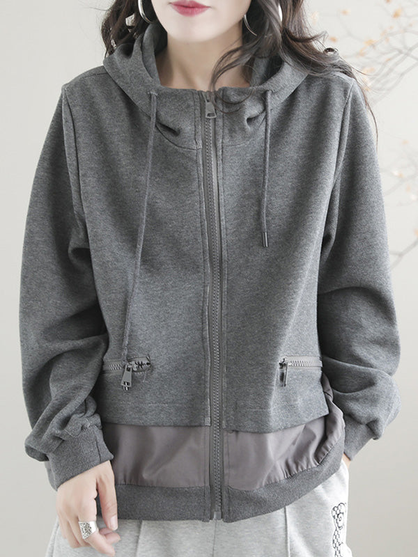 Artistic Retro Loose Long Sleeves Solid Color Zipper Hooded Outerwear